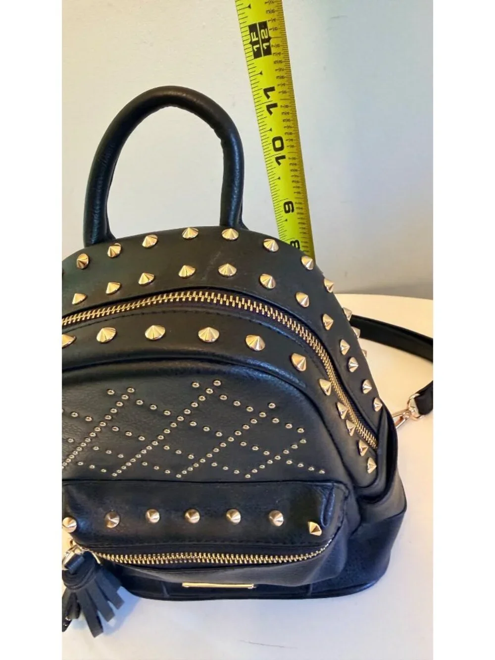 Bebe Black Mini Backpack Purse With Gold Studs & Tassel Accent
